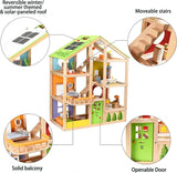 Hape Four Seasons Dollhouse - wielokrotnie nagradzany trzypiętrowy drewniany domek dla lalek z meblami, akcesoriami, przesuwanymi schodami i dwustronnym dachem na każdą porę roku, dla dzieci w wieku od 3 lat