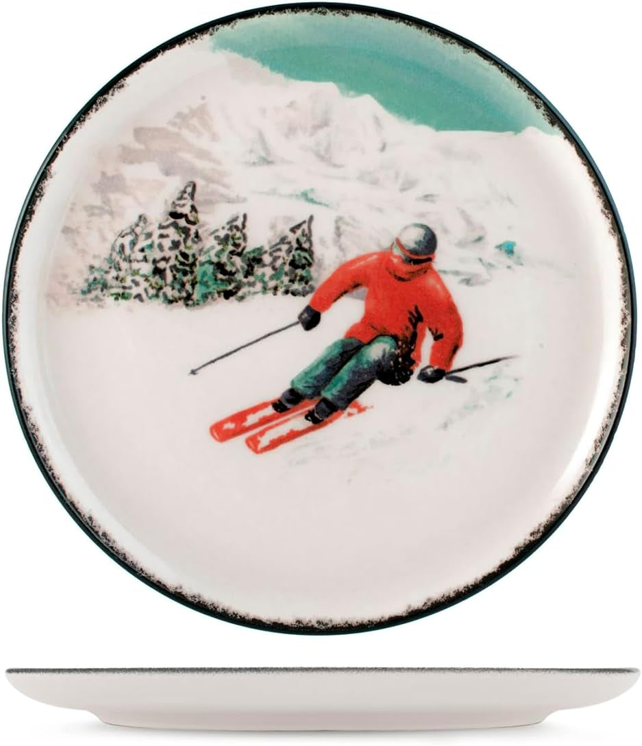 Winter Escape 12-częściowy zestaw świątecznych naczyń kamionkowych - Nordic Winter Skier Design - Można myć w zmywarce i używać w kuchence mikrofalowej