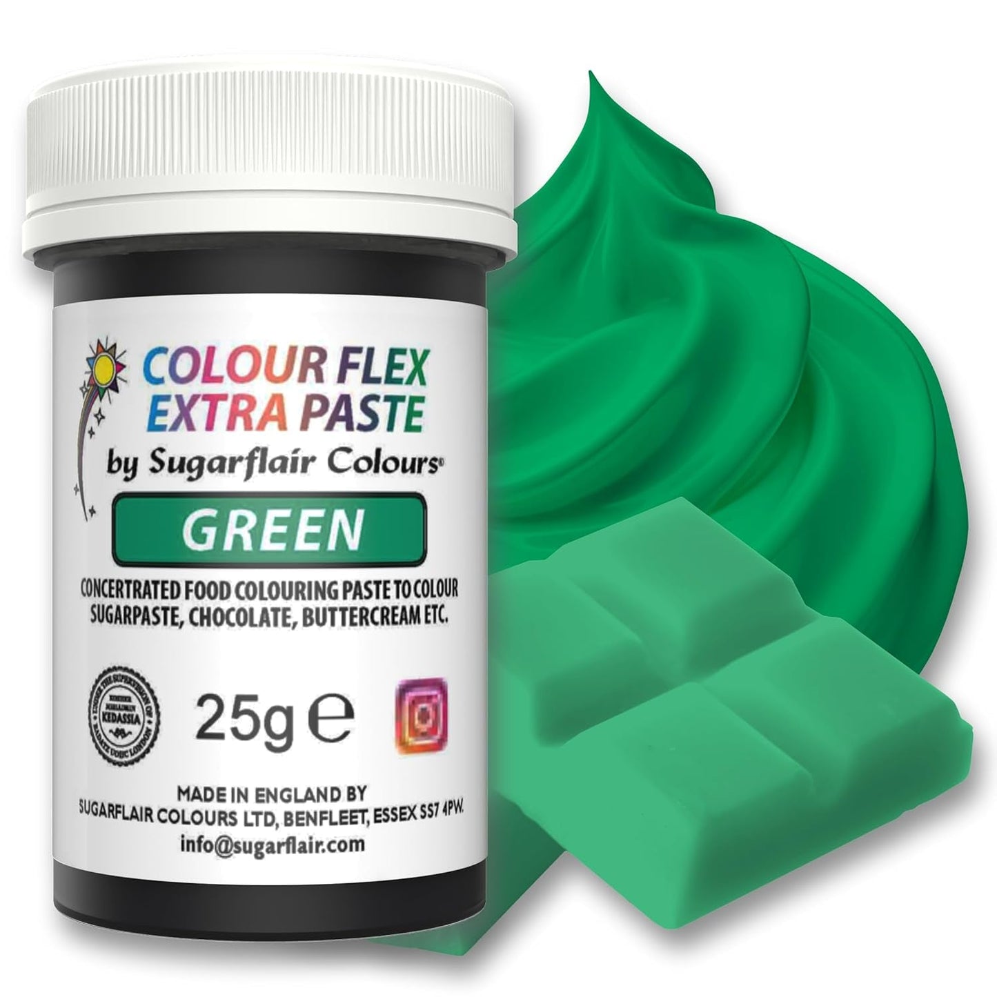 Sugarflair Colourflex Extra Paste Verde barwnik spożywczy - Jadalny barwnik spożywczy do śmietany, czekolady, pasty cukrowej, lukru, kremówki, mieszanek do ciast, ciast i nie tylko - 25g