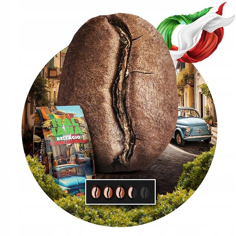 Kawa palona ziarnista Italiana Bellagio 1kg | 80% Arabiki i 20% Robusty | z nutą orzechów i gorzkiej czekolady | świeżo palone, o niskiej kwasowości | do ekspresów do kawy | Kawa Blue Orca