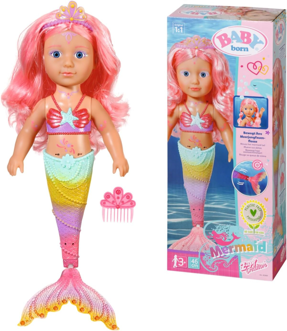 BABY Born Little Sister Mermaid 46 cm Wodoodporna lalka syrenka z długimi włosami i ruchomą brokatową płetwą, w zestawie. tiara i grzebień, 833681 Zapf Creation Dolls Naty Shop Single