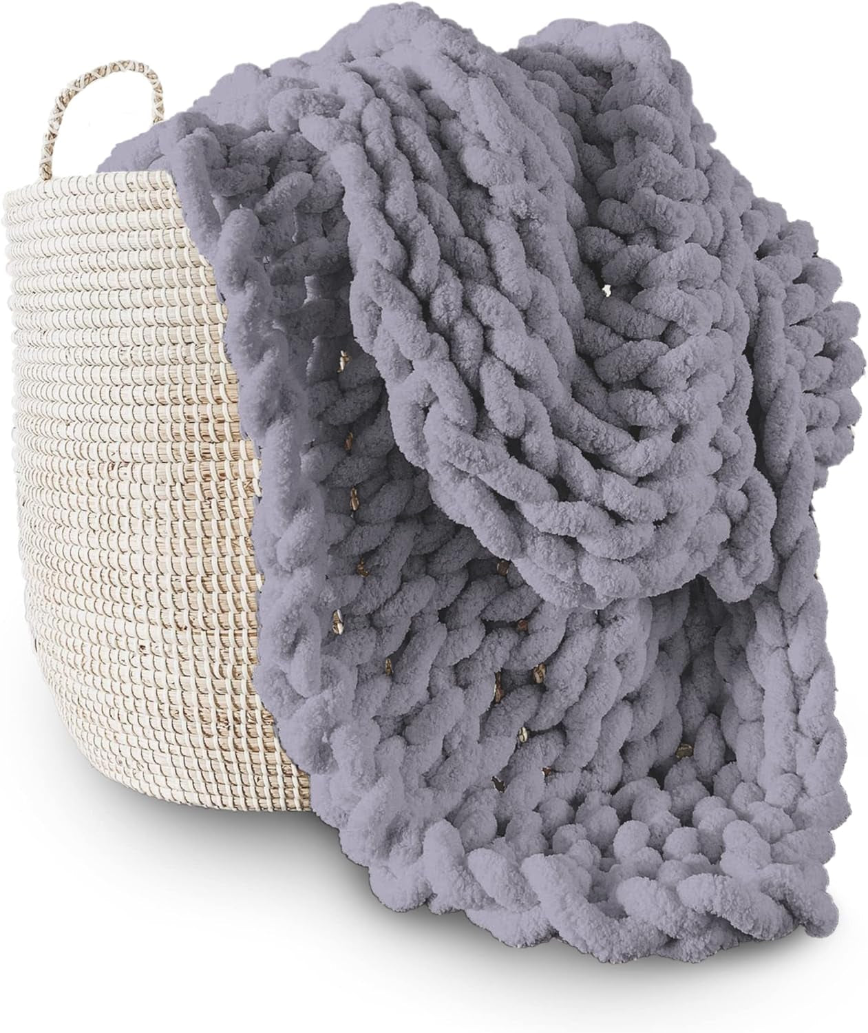 Gruby koc robiony na drutach, narzuta, w 100% ręcznie robiona na drutach z przędzy szenilowej jumbo (127 x 152,4 cm, liliowo-szary) Adyrescia Łóżka i kołdry Szare 50 „X60”