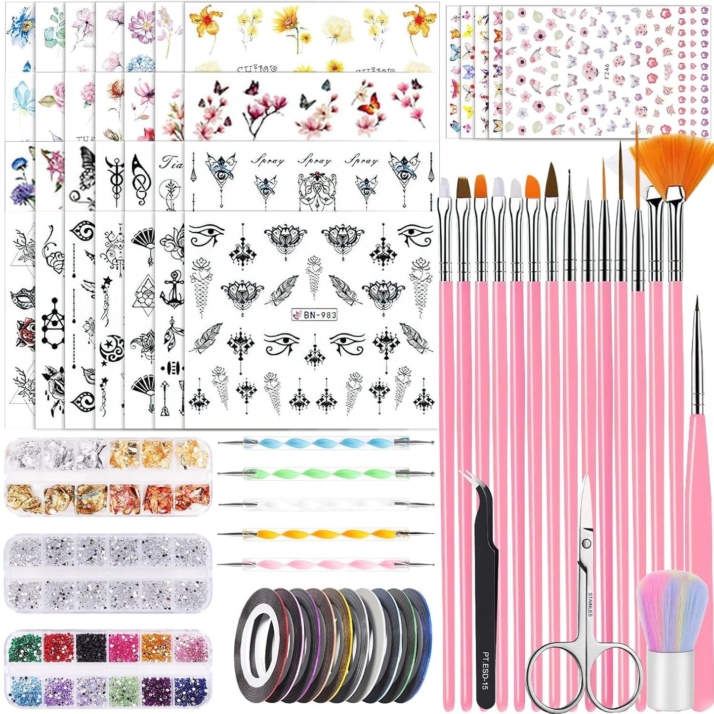 53 Blätter Nagelsticker, zestaw Nail Art Pinsel i Dekorationen, 15 szt. Pinsel, 5 szt. długopisów z kropkami, Strasssteine, Blattgold Für Nagelkunst, Nagel Pailletten, Nagelkunstwerkzeuge Und Dekorationssets