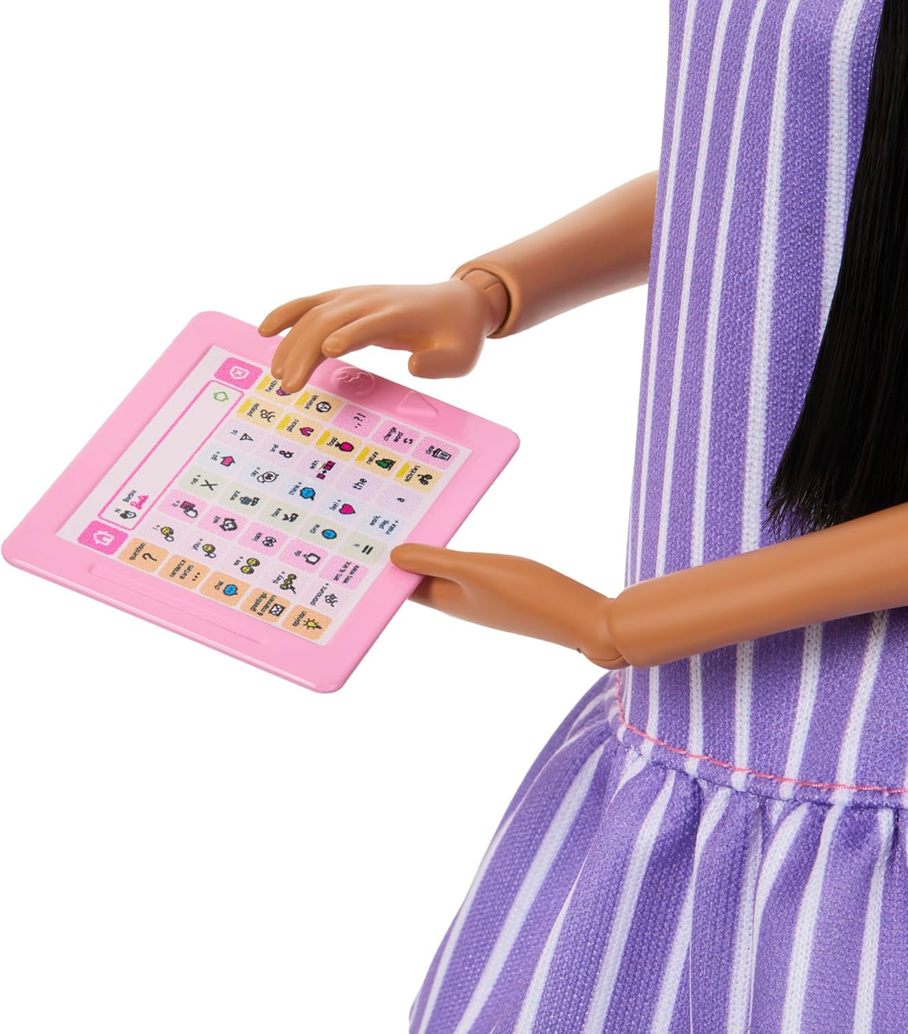 Lalka Barbie Fashionistas nr. 245, autystyczna lalka w fioletowej sukience w paski i akcesoriami takimi jak fidget spinner, tablet i słuchawki, JJN58