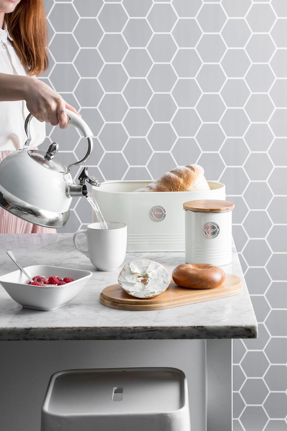 Kolekcja LIVING, cukiernica z pokrywką | kremowy pastel | schowek 1 L kuchnia na cukier | stalowy pojemnik na cukier z pokrywką | Bambusowe, hermetyczne słoiki do przechowywania z pokrywkami Naty Shop Pudełka do przechowywania żywności