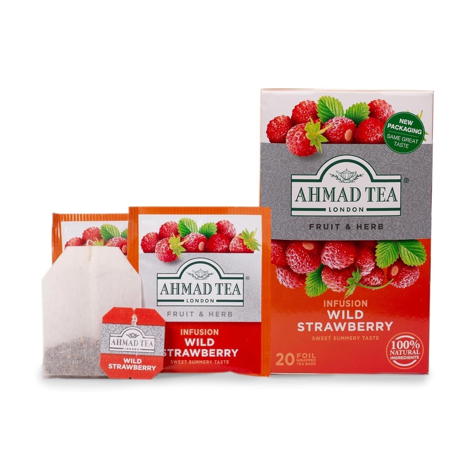 Ahmad Tea - Dzika truskawka - Bezkofeinowa herbata owocowo-ziołowa - Truskawka - Smakowa, pakowana pojedynczo torebka na herbatę zawierająca 2 g herbaty w porcji - 20 torebek z paskiem
