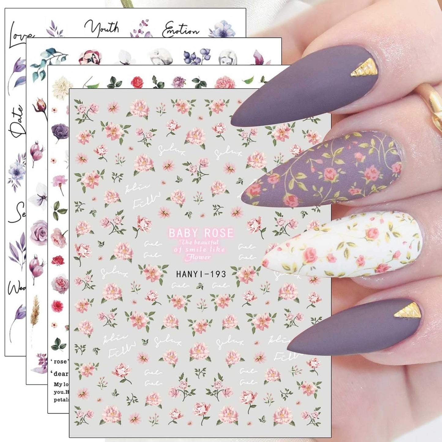 JMEOWIO Nagelsticker Frühling Blumen 10 Blatt Nail Art Naklejka Selbstklebend Nagelaufkleber Buntes Sommer Blumen Dekoration Nageldesign Zubehör