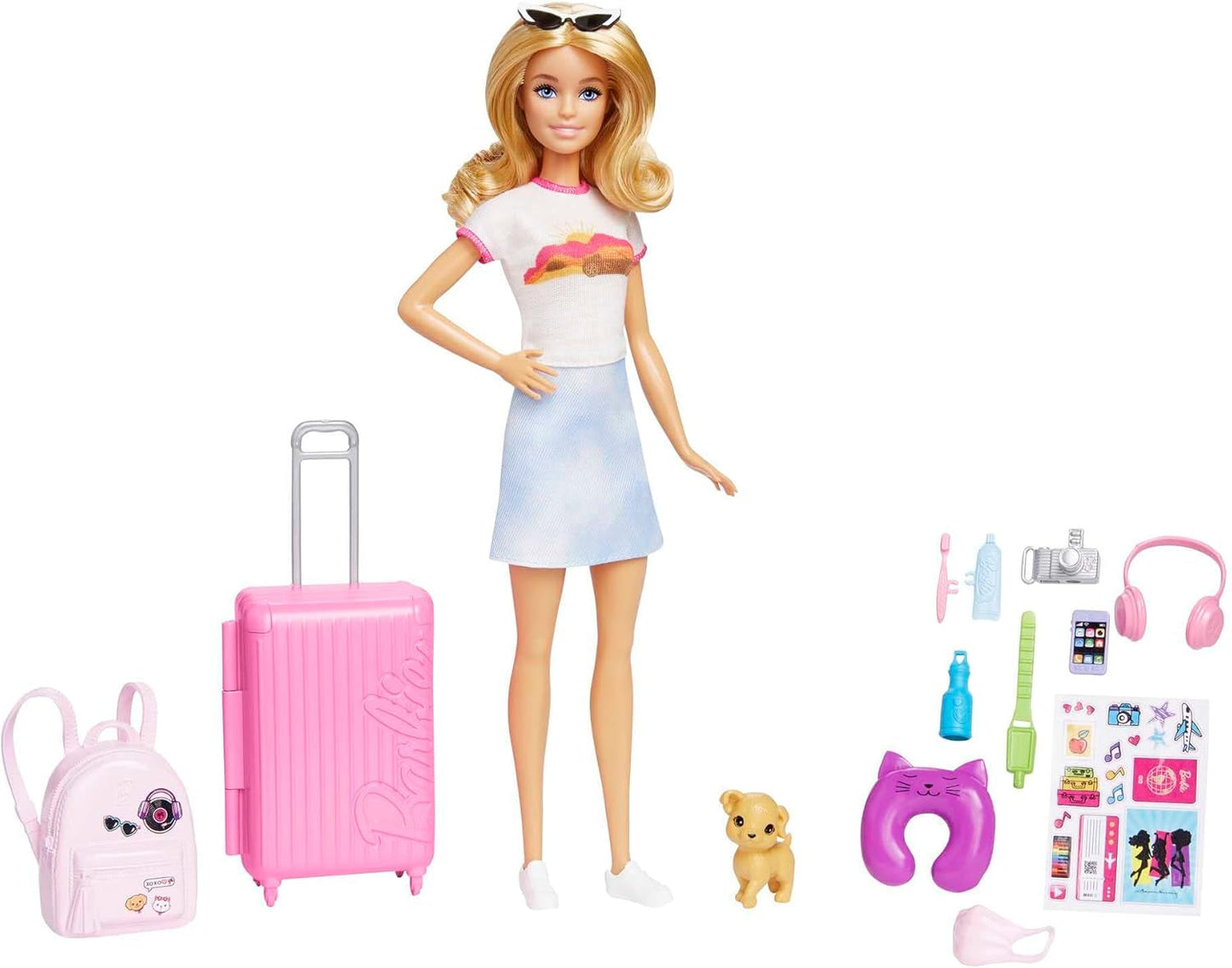 Lalka Barbie, podróżna Barbie z blond włosami, ponad 10 akcesoriów podróżnych, naklejki, walizka, szczeniak, w zestawie 1 lalka, prezent dla dzieci, zabawka w wieku 3+, HJY18