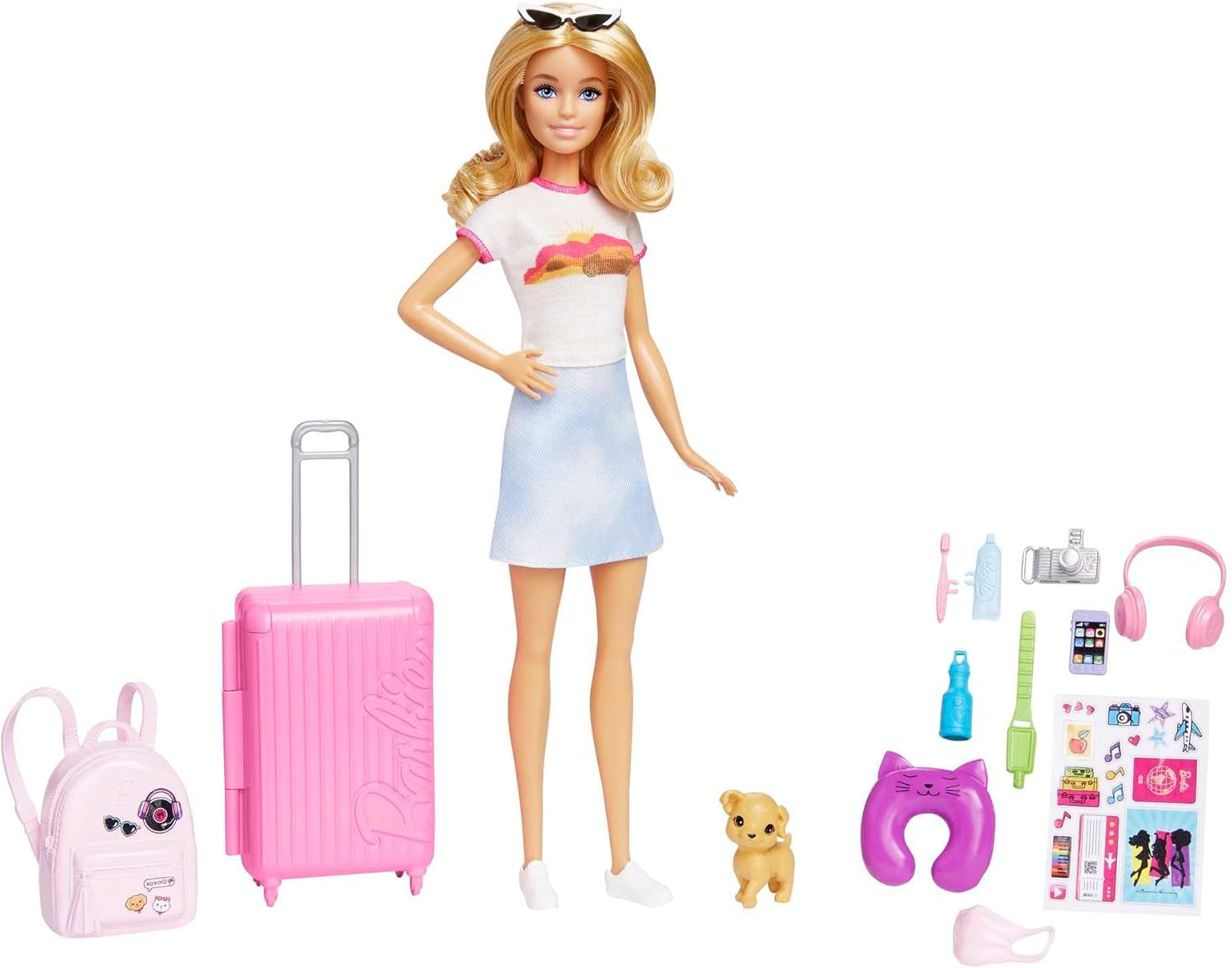 Lalka Barbie, podróżna Barbie z blond włosami, ponad 10 akcesoriów podróżnych, naklejki, walizka, szczeniak, w zestawie 1 lalka, prezent dla dzieci, zabawka w wieku 3+, HJY18