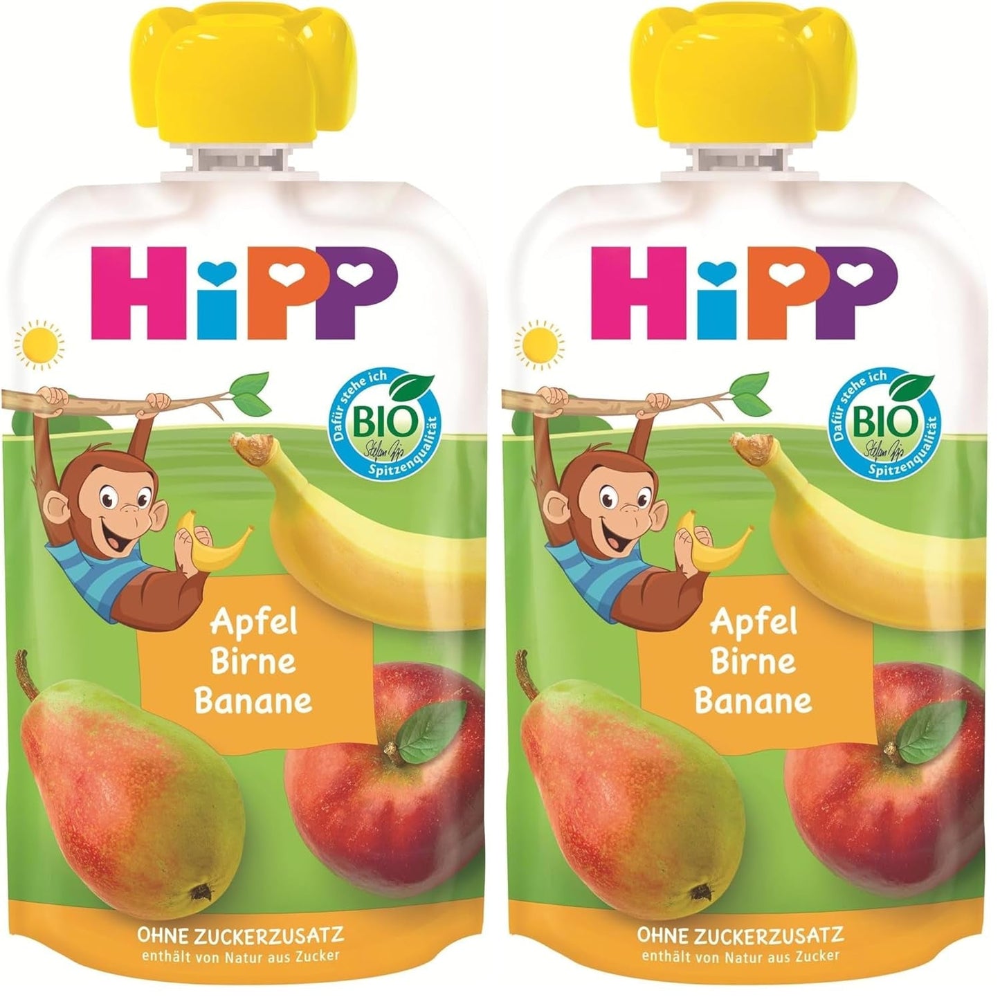 HiPP organiczne saszetki owocowe, wyciskane, jabłko, gruszka, banan - Anton Maimuta (8 x 100g), od 1 roku, 100% przecieru owocowego, bez dodatku cukru, wegańskie, najlepszej jakości organicznej (opakowanie 2 szt.)