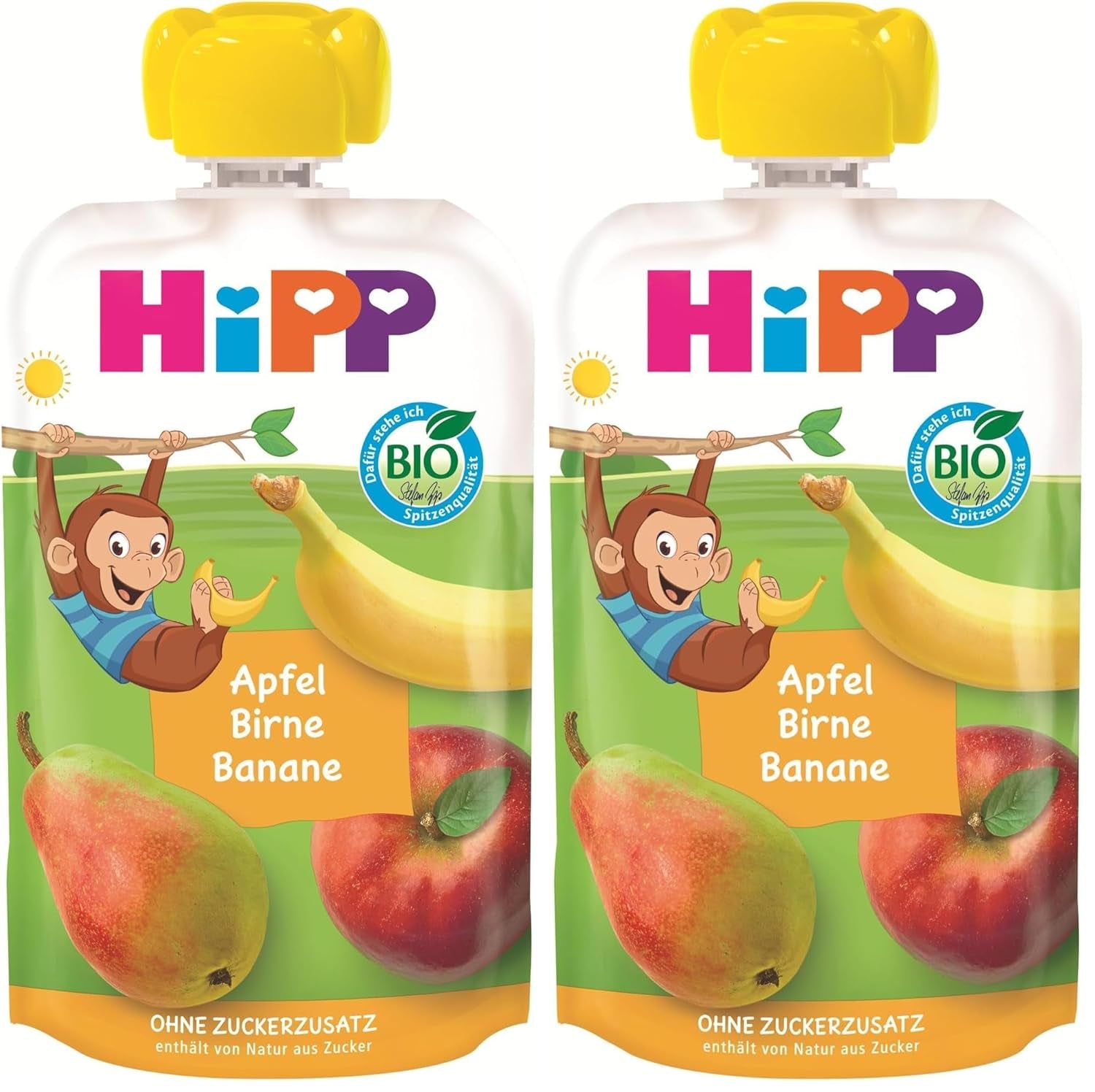 HiPP organiczne saszetki owocowe, wyciskane, jabłko, gruszka, banan - Anton Maimuta (8 x 100g), od 1 roku, 100% przecieru owocowego, bez dodatku cukru, wegańskie, najlepszej jakości organicznej (opakowanie 2 szt.)