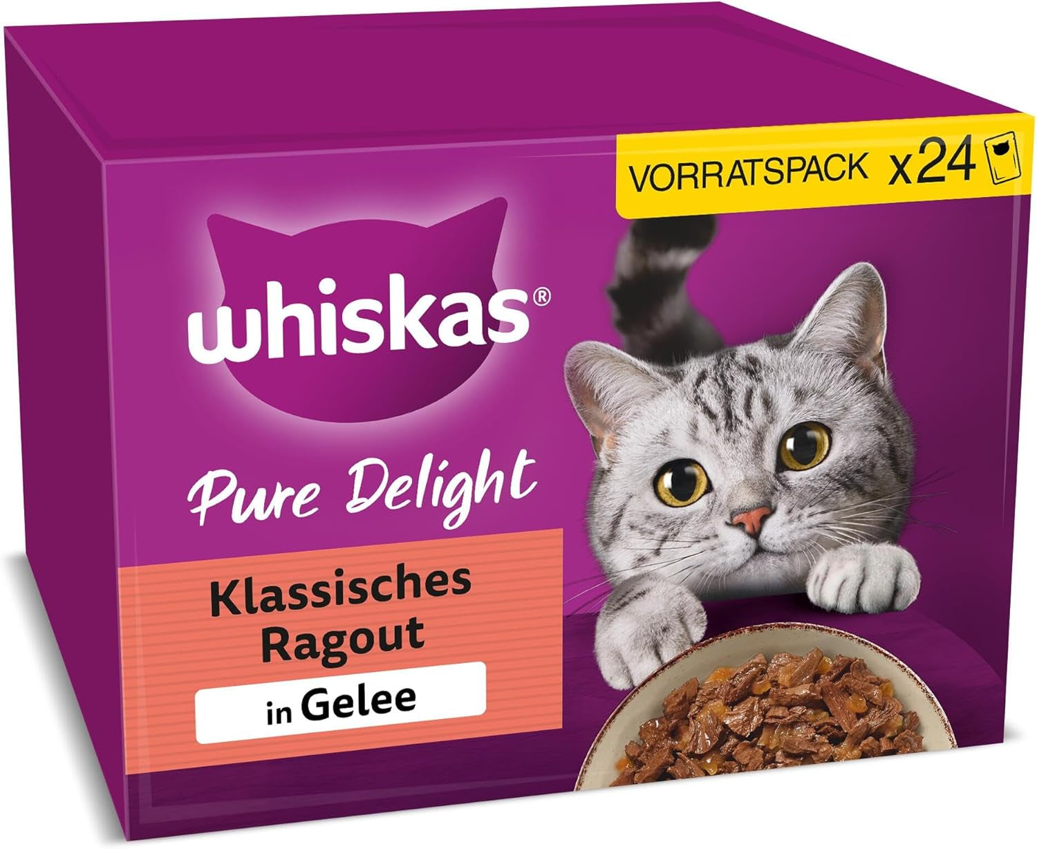 WHISKAS PURE DELIGHT Karma mokra w galarecie 24 x 85g Classic Ragout (4 opakowania) 48 porcji saszetek