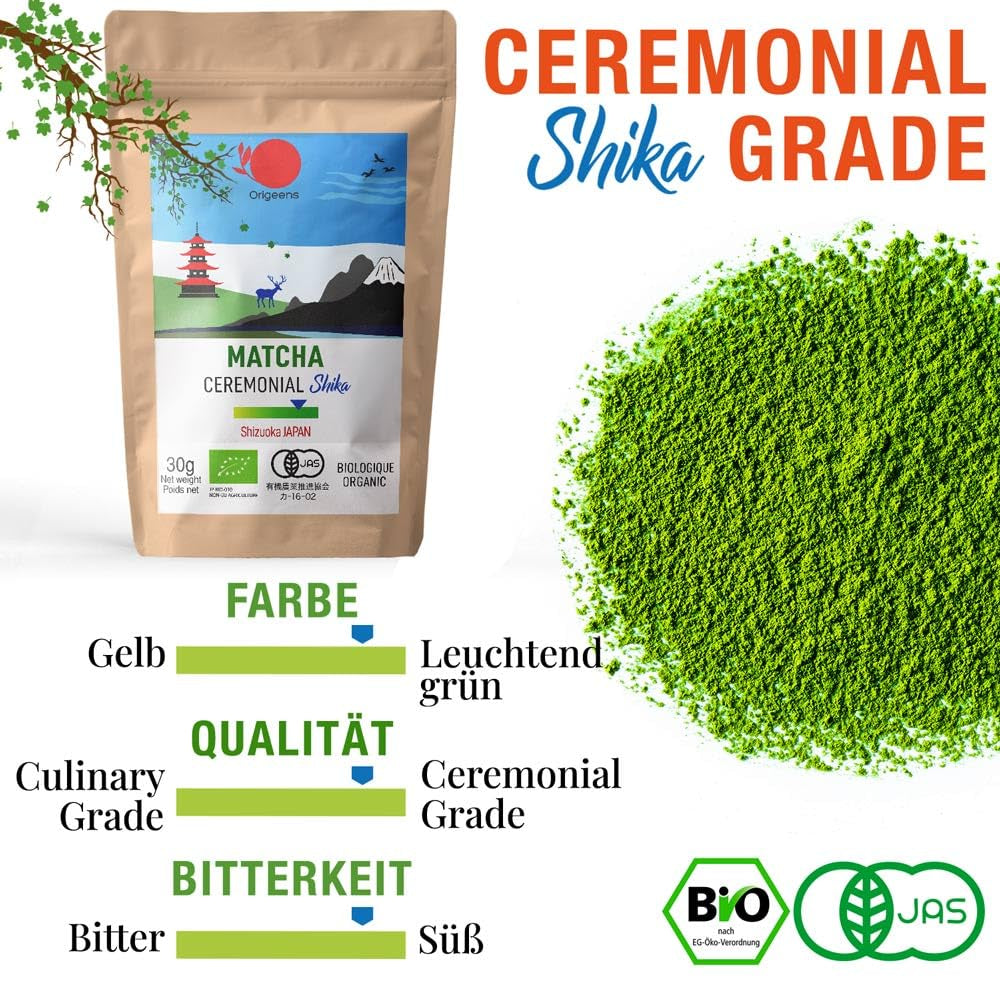 ORIGEENS BIO MATCHA CEREMONIAL GRADE „SHIKA” - Organiczna japońska herbata z Shizuoki - Matcha Latte/Usucha - 30g torebka uzupełniająca - Ceremonial Grade Organiczna zielona herbata Matcha w proszku