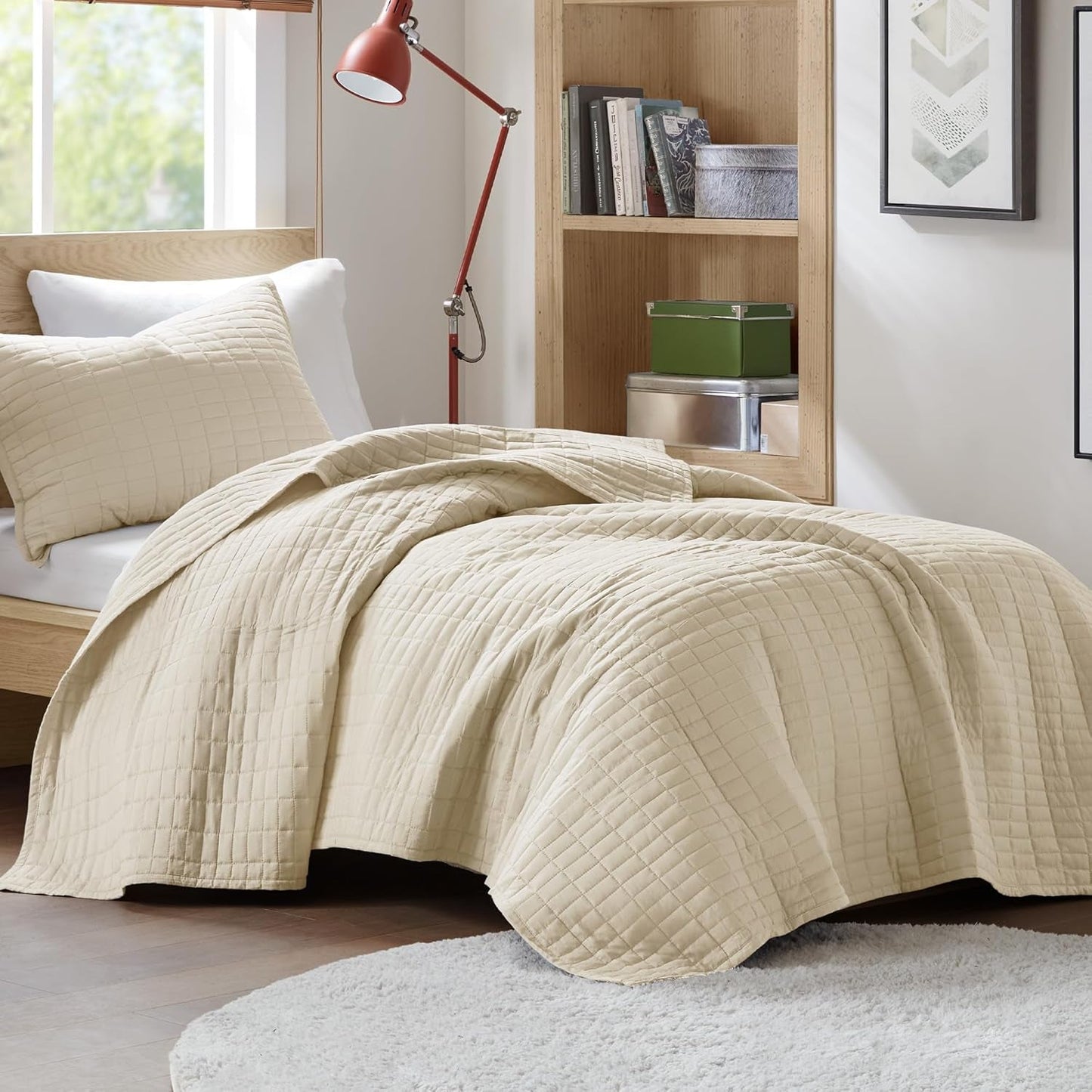 Zestaw kołder Comfort Spaces Kienna, luksusowe podwójne szwy, koc letni, lekki, miękki, pościel przez cały rok, dopasowana poszewka na poduszkę, biały, koc na łóżko king size (264,2 x 228,6 cm), kołdry i kołdry Naty Shop Ivory Twin/Twin Xl (66 "X 90")
