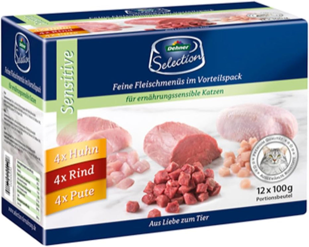 Dehner Premium Katzenfutter Sensitive Multipack, Nassfutter, für ernährungsensible Katzen, je 4 x Huhn / Rind / Pute, 12 x 100 g Torba (1,2 kg)