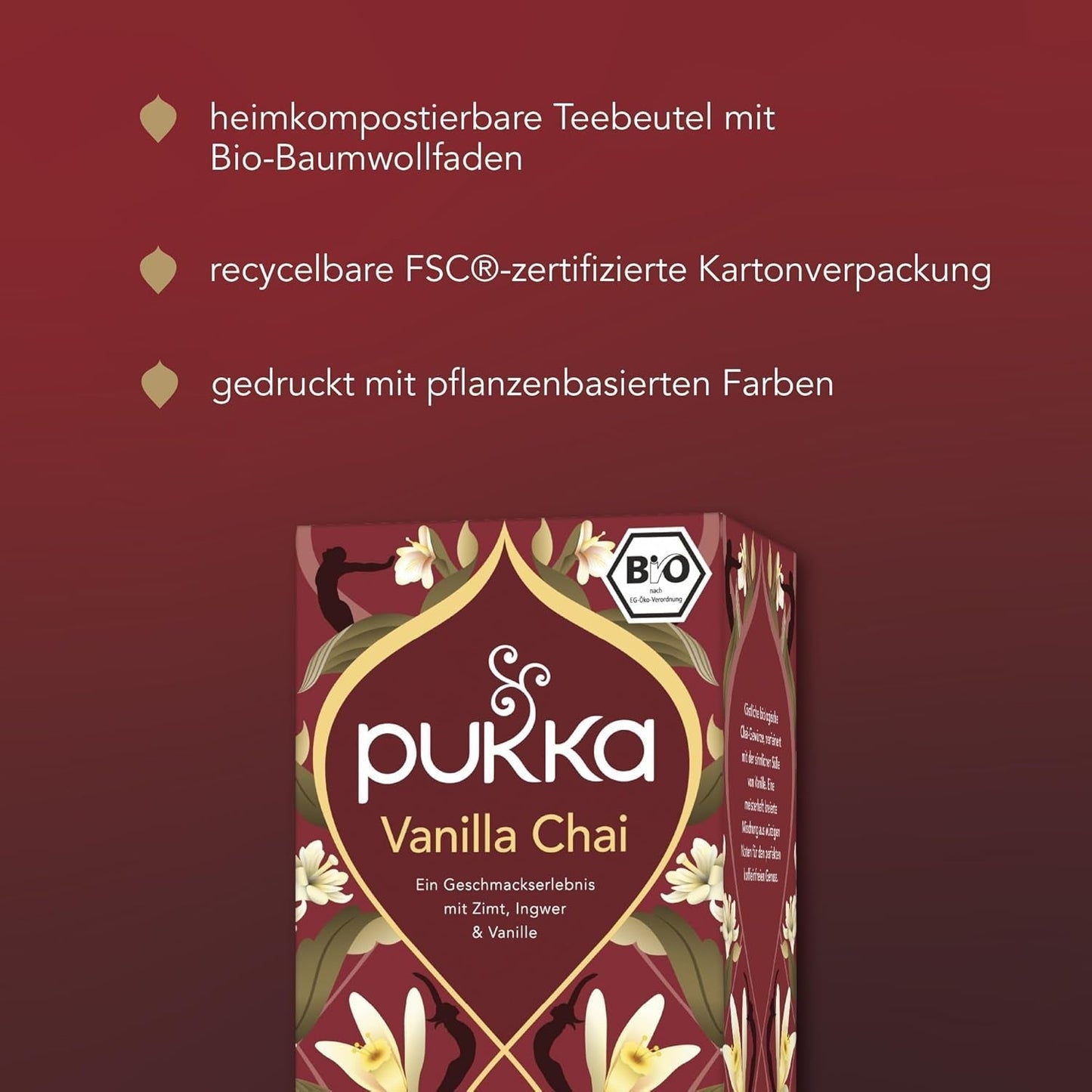 Pukka | Mieszanka organicznych herbat smakowych „Vanilla Chai” | Cynamon, imbir i wanilia | Herbata na poczęstunek z naturalną słodyczą | Opakowanie 1 | 20 torebek herbaty