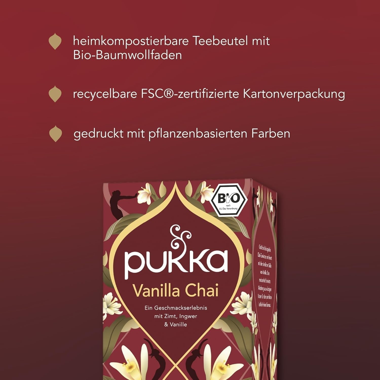 Pukka | Mieszanka organicznych herbat smakowych „Vanilla Chai” | Cynamon, imbir i wanilia | Herbata na poczęstunek z naturalną słodyczą | Opakowanie 1 | 20 torebek herbaty
