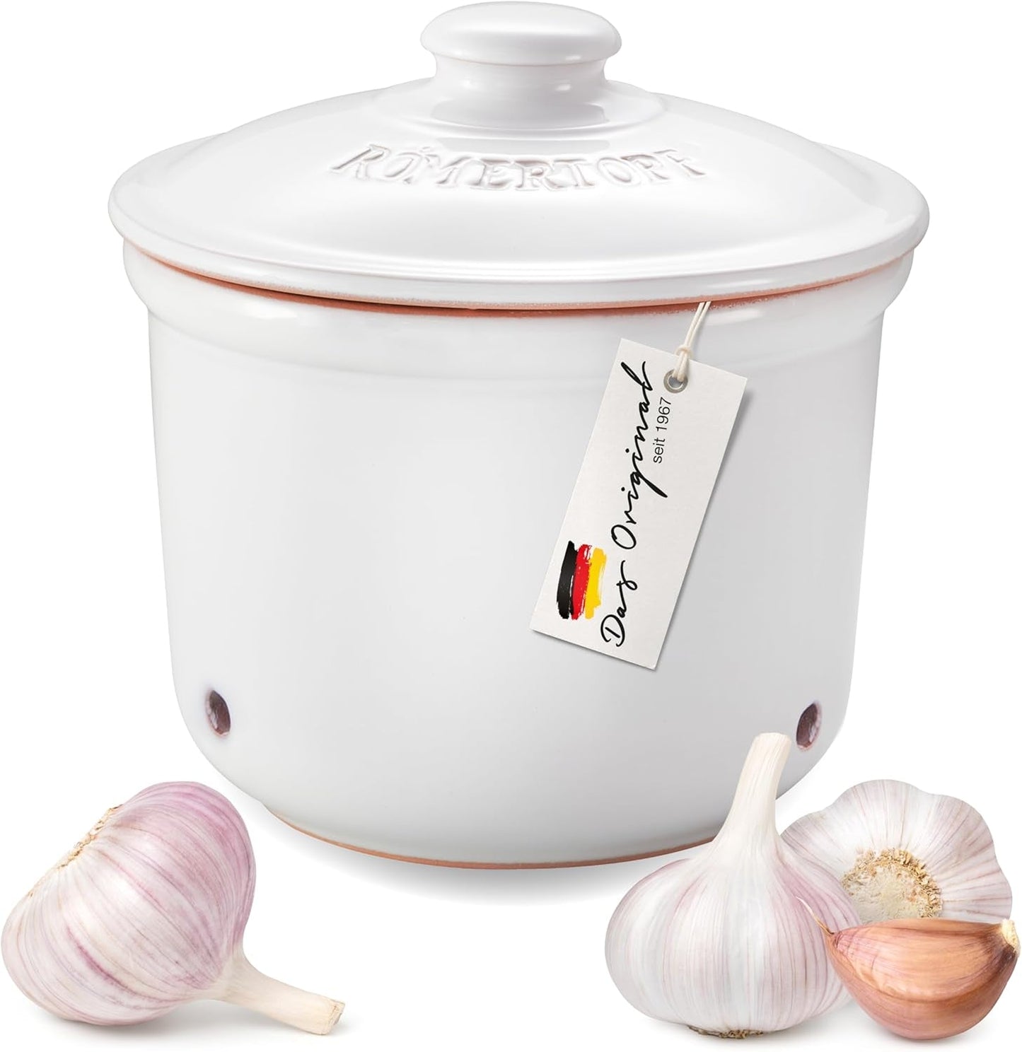 Römertopf Fresh Pot MINI 0,6 litra - Ceramiczny pojemnik na czosnek - Oddychająca glinka utrzymuje warzywa na dłużej świeże - Idealna cyrkulacja powietrza - Biały Pudełka do przechowywania żywności Sklep Naty Tytuł domyślny