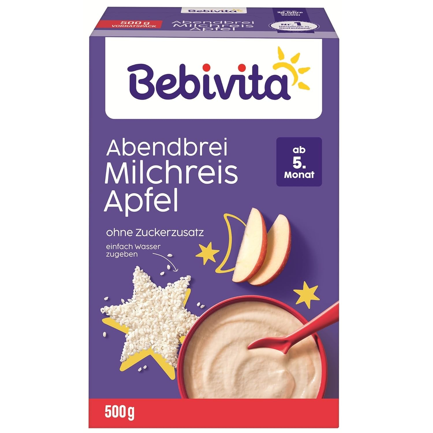 Budyń ryżowy z jabłkami i kaszką wieczorną (4x500g), kaszka mleczna od 5 miesiąca, z cennymi minerałami i witaminami, bez dodatku cukru, bardzo sycąca