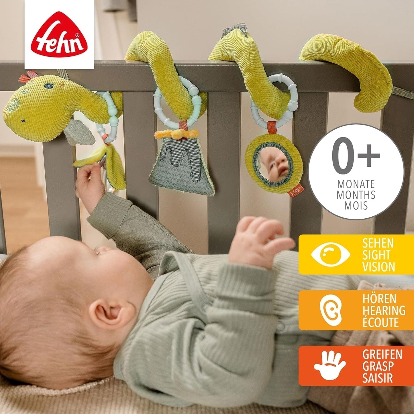 Fehn Activity Spiral Dino - zabawka do wózka pchaj i ciągnij - mały dinozaur do łóżeczka, placu zabaw, wózka i fotelika samochodowego - zabawka aktywizująca ruchowo dla niemowląt i małych dzieci od 0. miesiąca Baby Toys Naty Shop
