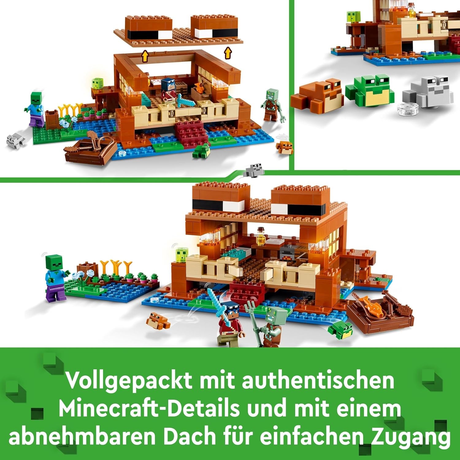 LEGO Minecraft Dom Żabi, zabawkowy domek z figurkami zombie, śluzu i tonącego człowieka oraz akcesoriami, takimi jak zabawkowa łódka i stół warsztatowy, prezent dla chłopców i dziewcząt od 8 lat 21256 Zestawy do budowania Besuche den LEGO-Store