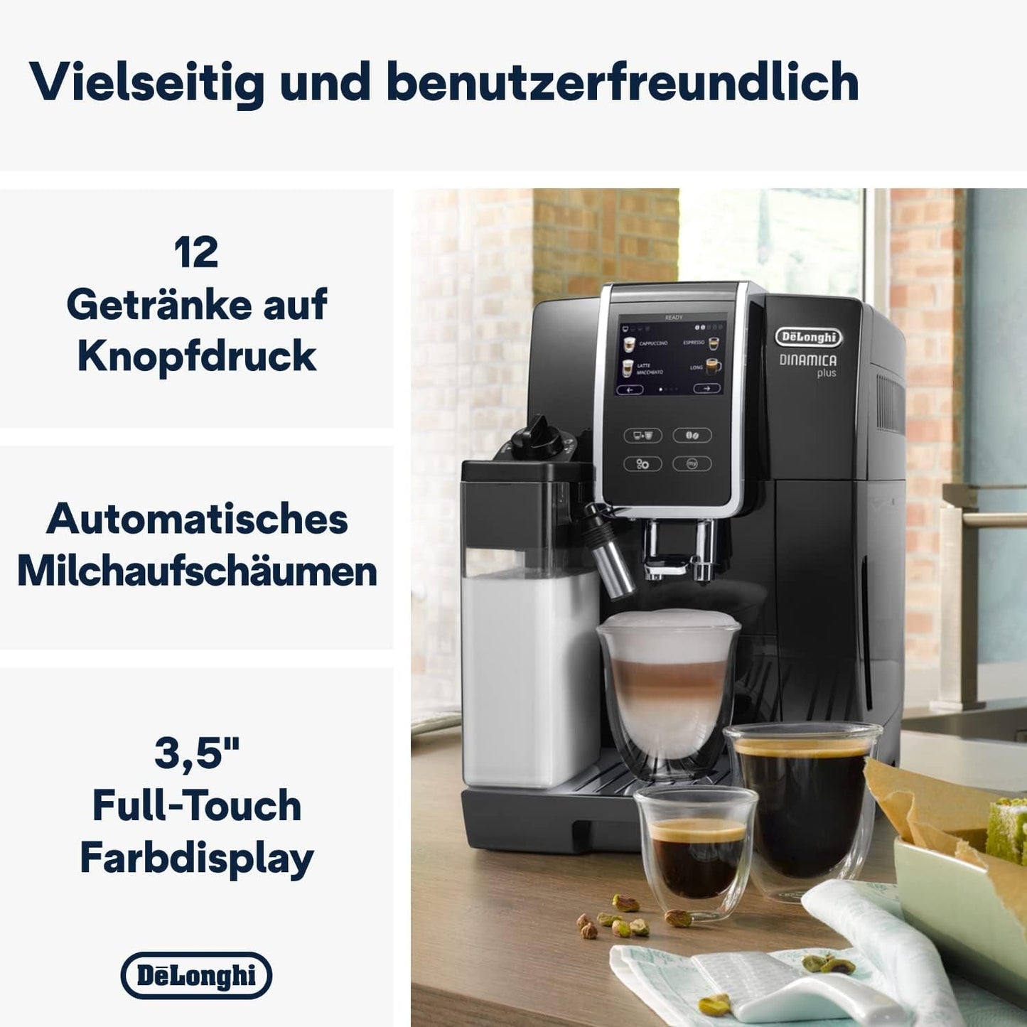 De'Longhi Dinamica Plus ECAM 370.70.B W pełni automatyczny ekspres do kawy z systemem LatteCrema Milk, Cappuccino i espresso, kolorowy ekran dotykowy TFT 3,5 cala i sterowanie za pomocą aplikacji, funkcja kawy, czarny