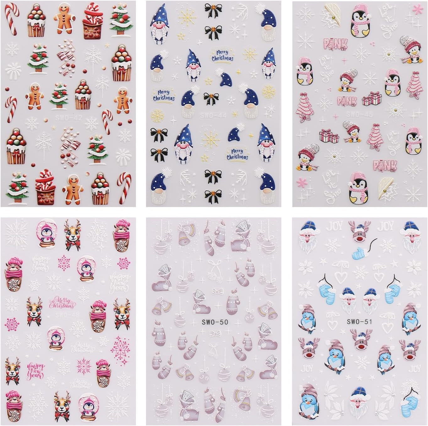 JMEOWIO Nagelsticker Weihnachten 6 Blatt Nail Art Naklejka Selbstklebend Nagelaufkleber Schneeflocke Winter Urlaub Süß Dekoration Nageldesign Zubehör