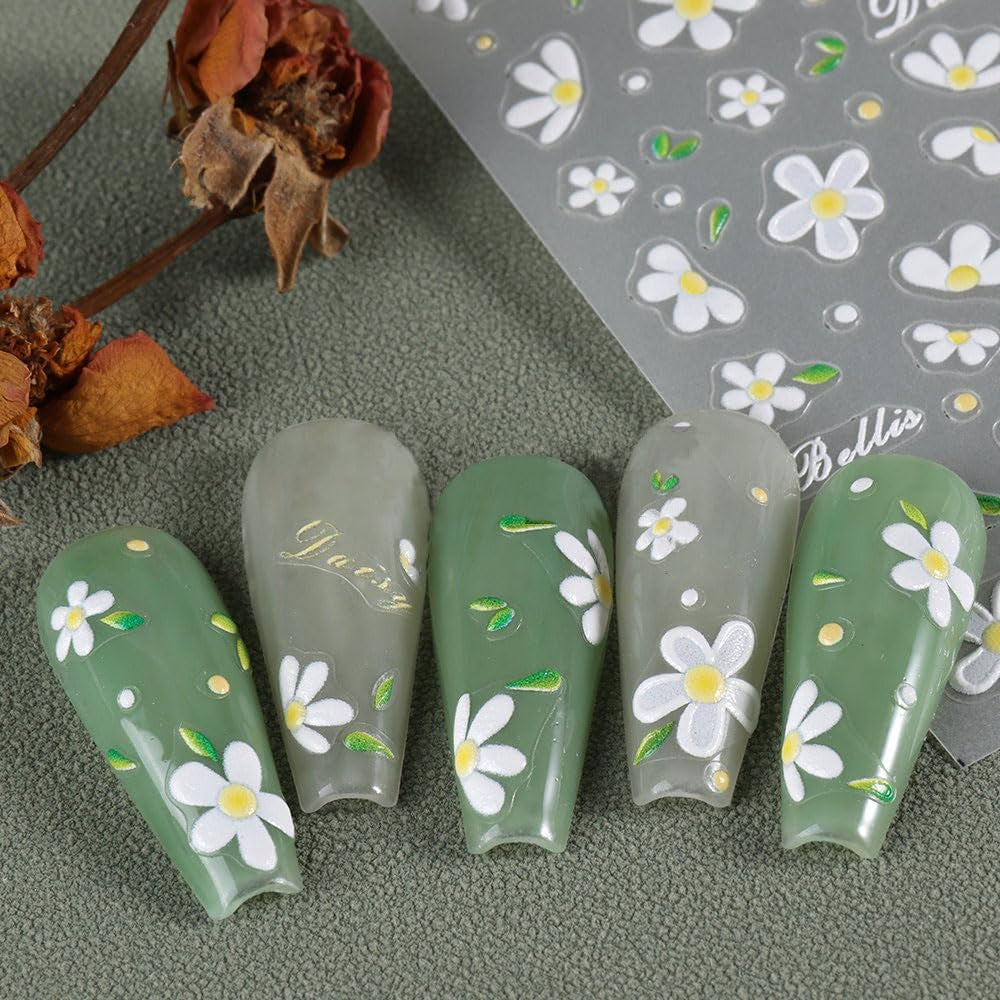 5 sztuk Geprägte Gänseblümchen Nagelsticker Selbstklebend Blumen Nagelaufkleber Gänseblümchen Schmetterling Nagel naklejka Nageldesign Aufkleber Nägel Zubehör Blume naklejka do paznokci kwiat naklejki do paznokci