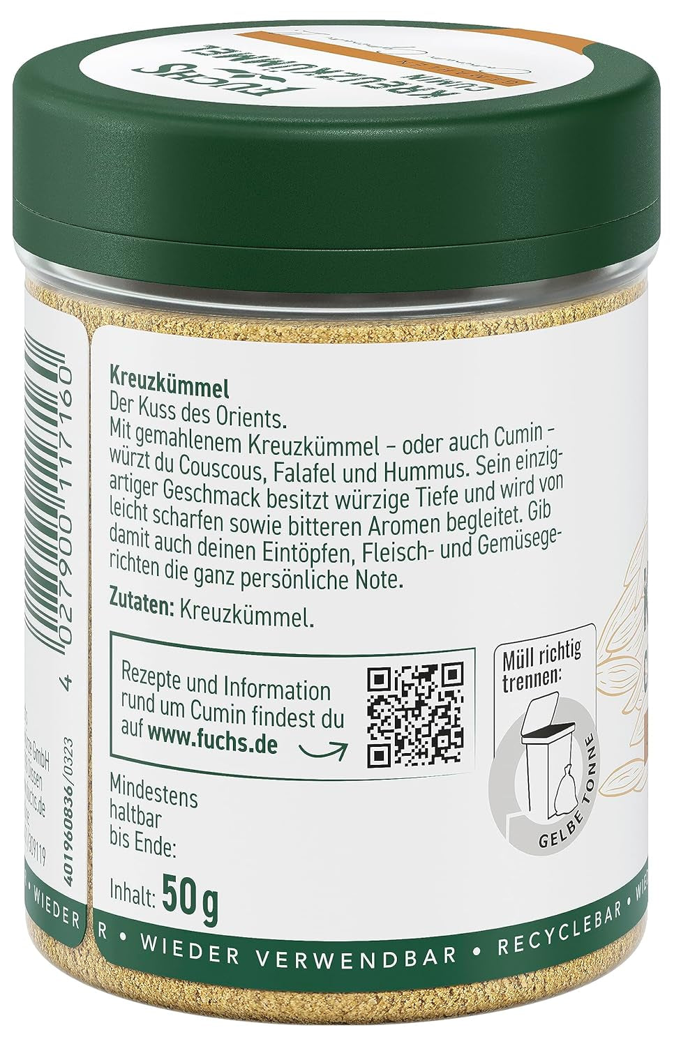 Fuchs Gewürze - Kreuzkümmel gemahlen - zum Würzen von Couscous, Hummus und Falafel - naturalne składniki - 50 g w wiederverwendbarer, recyclebarer Dawka