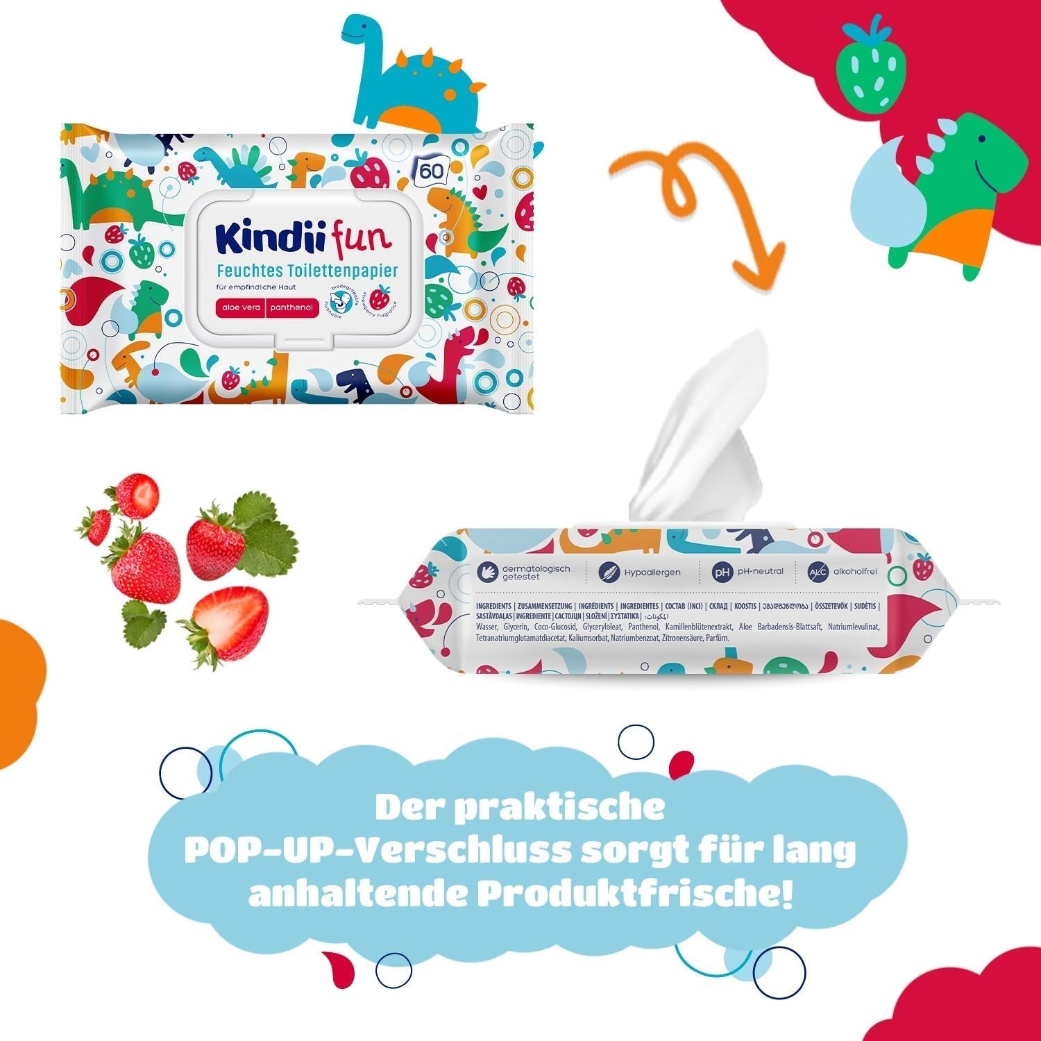 Kindii Fun Mokry Papier Toaletowy - (10X60 szt.) Mokry Papier Toaletowy - Rumianek, Aloe Vera, Ph-Neutral, Wodny, Odświeża okolice intymne - 600 sztuk