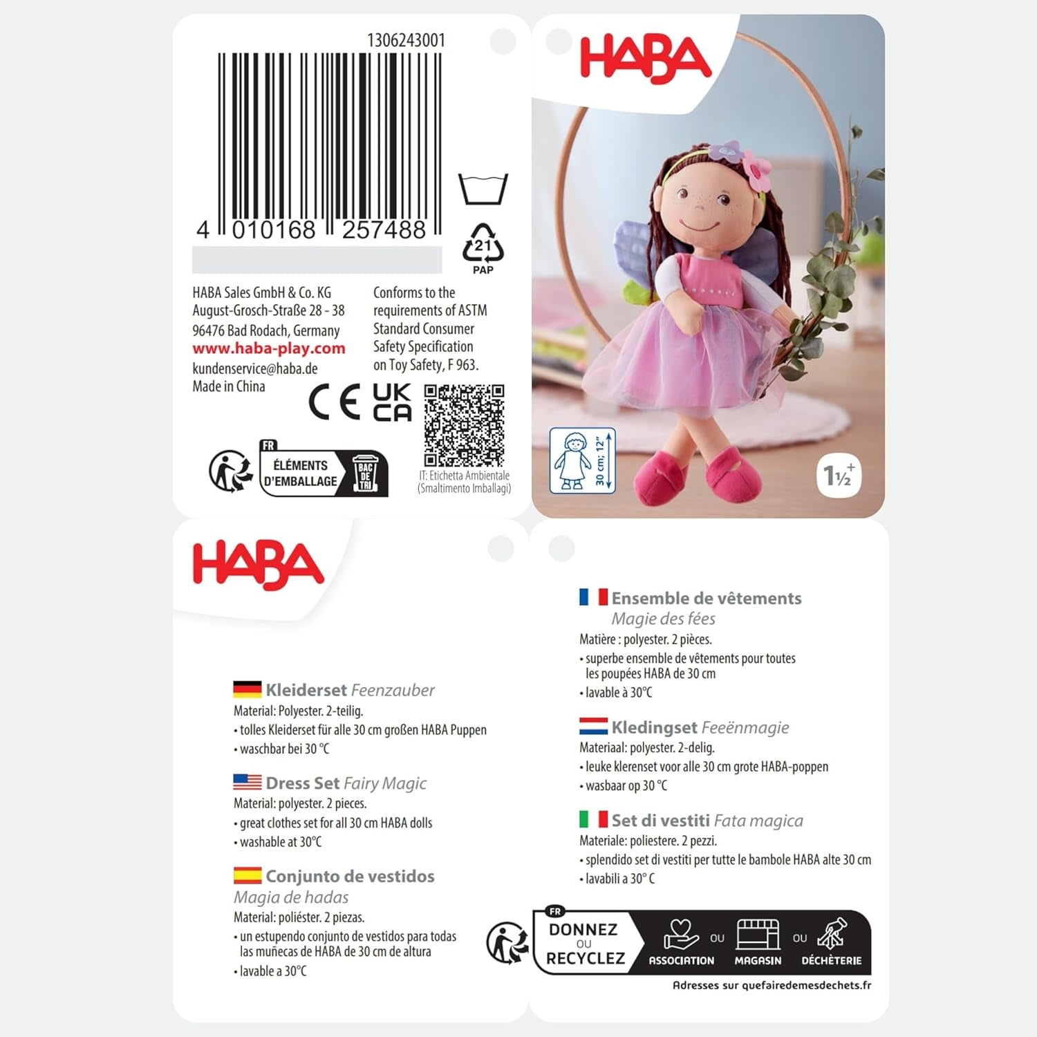 Ubranka dla lalek HABA Fairy Magic - 2-częściowy zestaw dla lalek w wieku 18 miesięcy i więcej (30 cm) - tiulowa sukienka ze skrzydełkami, w komplecie kwiatowa opaska do włosów - 1306243001