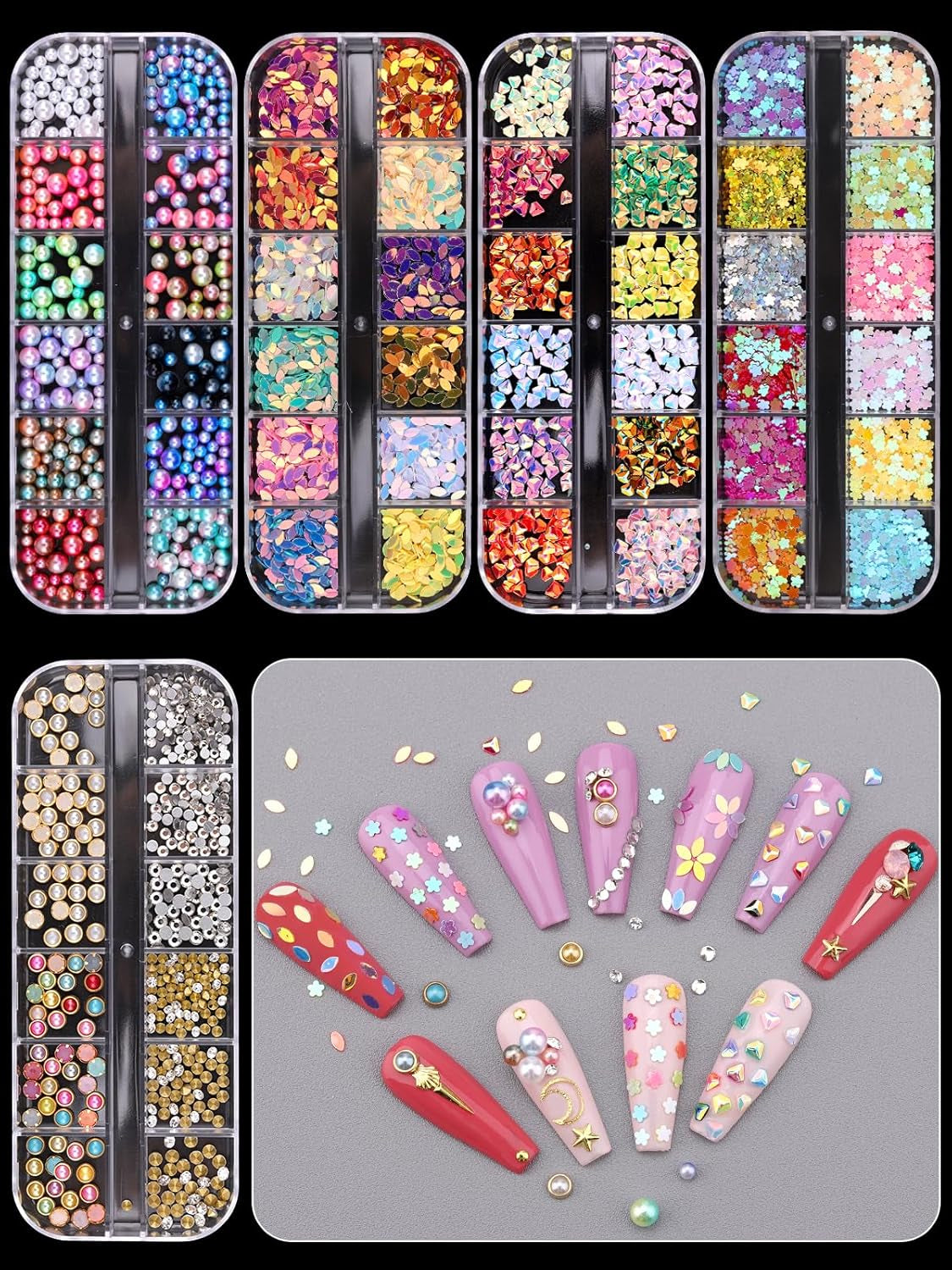 EBANKU Nail Art Strass Kit Multi Design Zubehör Mit 1 Pinzetten 1 Stück Wachsstifte Deko Diamanten Kristalle Perlen Edelsteine ​​​​Bunt Pferdeaugen Strass Metall Nieten Für Nagel DIY (1 Stück (opakowanie 10Er))