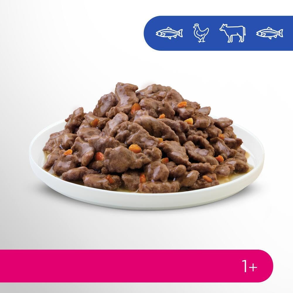 Perfect Fit Adult 1+ wybór mokrej karmy z łososiem, rybami głębinowymi, wołowiną i kurczakiem, 48 saszetek, 12x85g (4 sztuki w opakowaniu) - Mokra karma premium dla dorosłych kotów od 1 roku życia