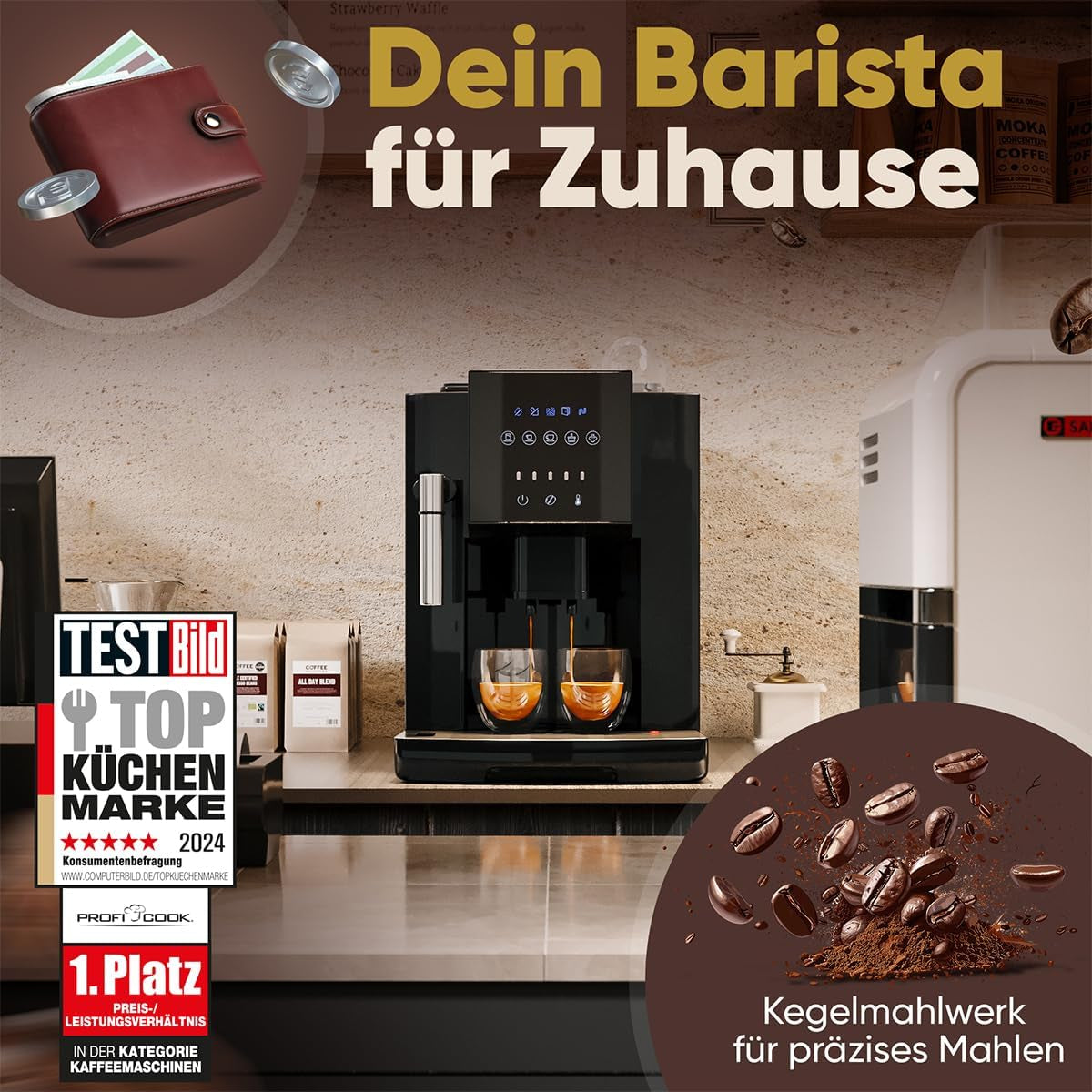 W pełni automatyczny ekspres ProfiCook® ze spieniaczem mleka do cappuccino | Młynek stożkowy | z funkcją podgrzewania filiżanki | Włoska profesjonalna pompa | Ekran dotykowy | Ekspres | PC KAV 1281