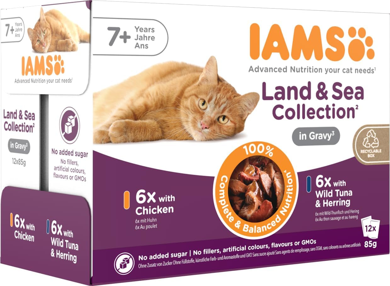 IAMS Delights Mokra karma dla starszych kotów - Wielopak z kurczakiem i rybą w sosie, wysokiej jakości mokra karma dla kotów powyżej 7. roku życia, 12 x 85g