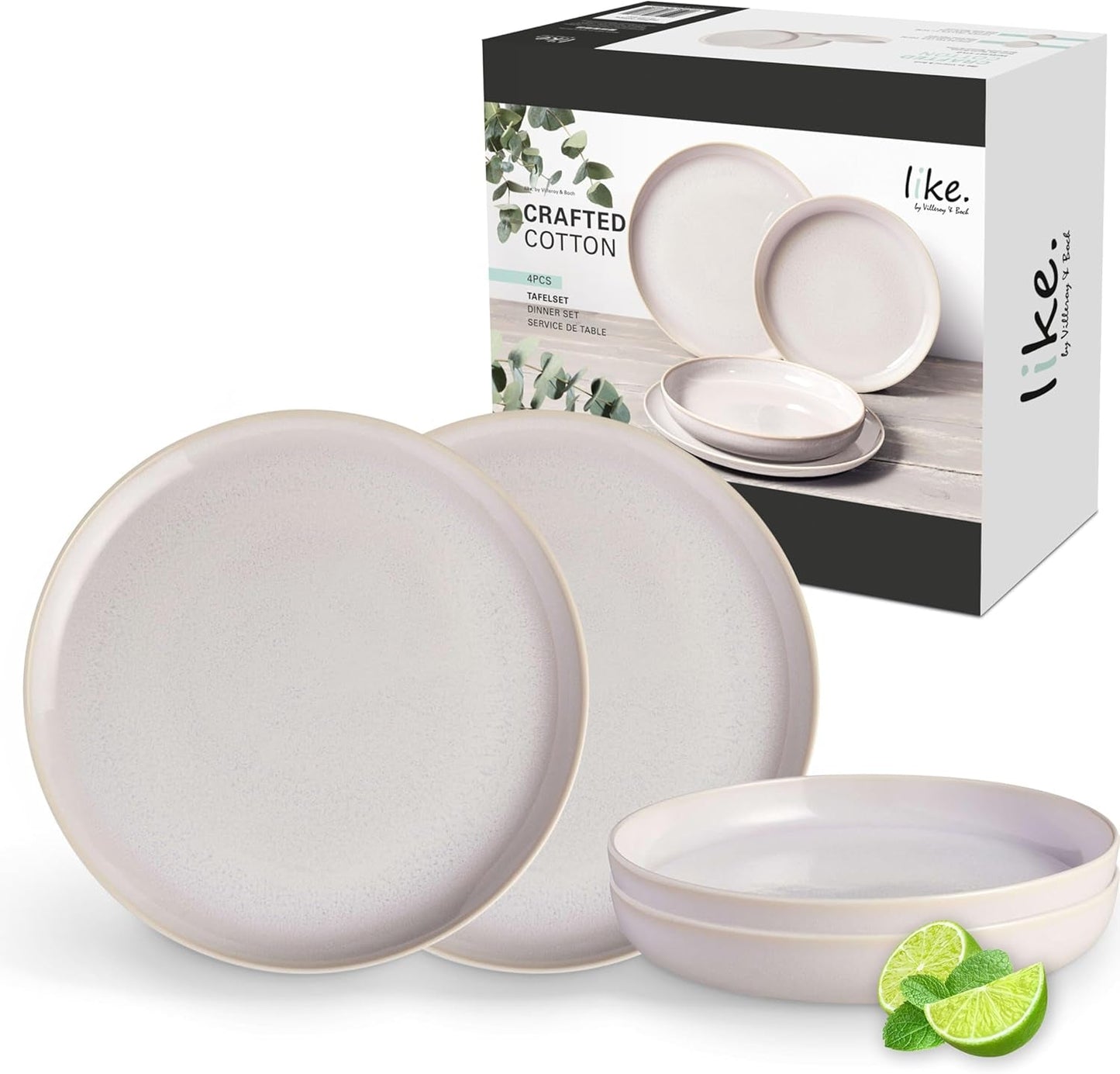 tak jak. by Villeroy & Boch – Zestaw obiadowy wykonany z bawełny 4 teilig Weiß, Spülmaschinenfest, Mikrowellensicher, Geschirrset, Tafelservice Modern, Speiseteller, Tiefe Teller, Pottery-Look, Premium Porzellan