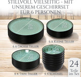 24-częściowy zestaw obiadowy z kamionki ceramicznej dla 6 osób, projekt Ibiza, ZWYCIĘZCA TESTU. Wspaniały śródziemnomorski zestaw zastawy stołowej obejmujący miski i talerze. Zestaw zastawy stołowej Pure Living w kolorze szałwiowej zieleni.