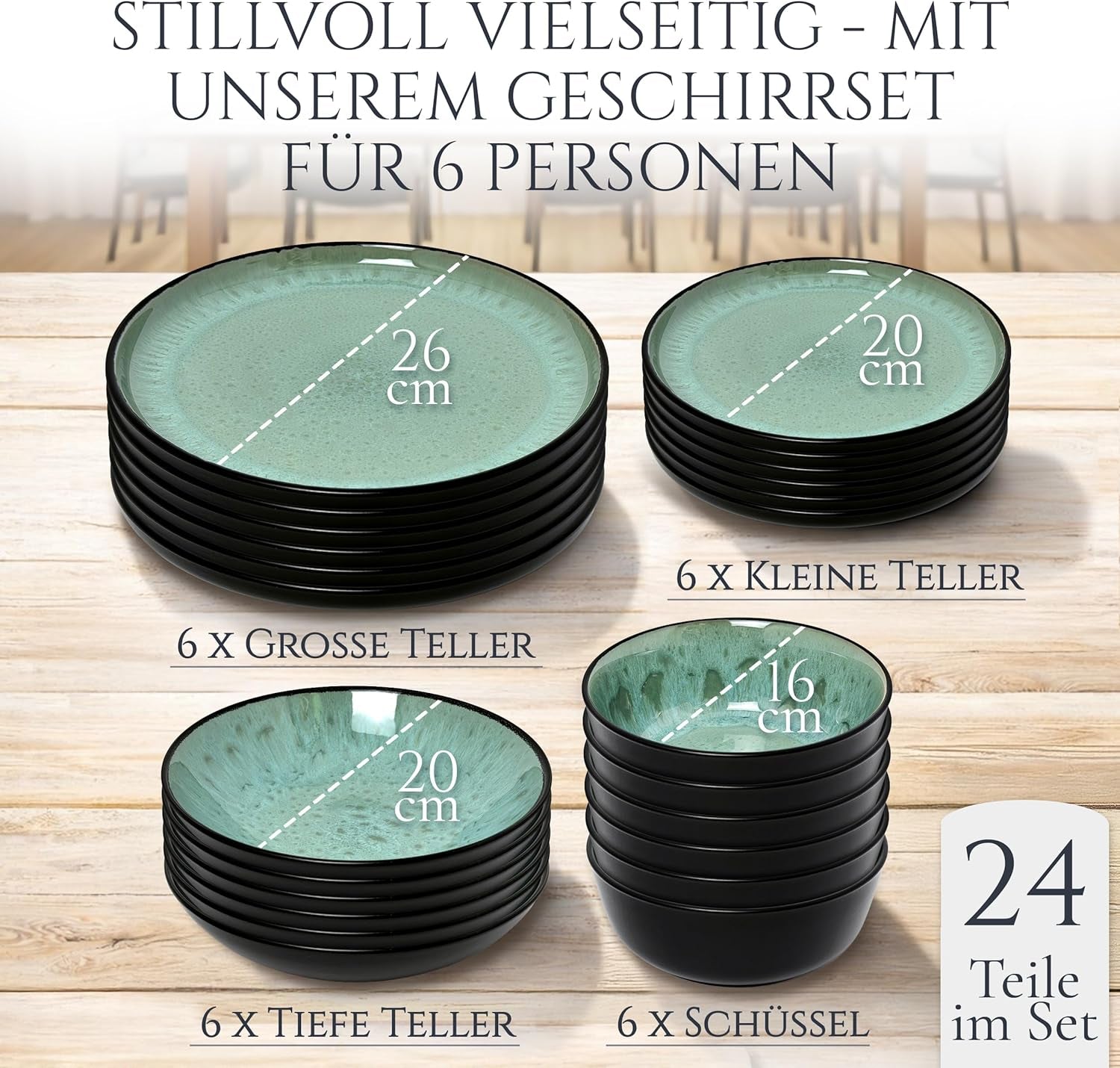 24-częściowy zestaw obiadowy z kamionki ceramicznej dla 6 osób, projekt Ibiza, ZWYCIĘZCA TESTU. Wspaniały śródziemnomorski zestaw zastawy stołowej obejmujący miski i talerze. Zestaw zastawy stołowej Pure Living w kolorze szałwiowej zieleni.