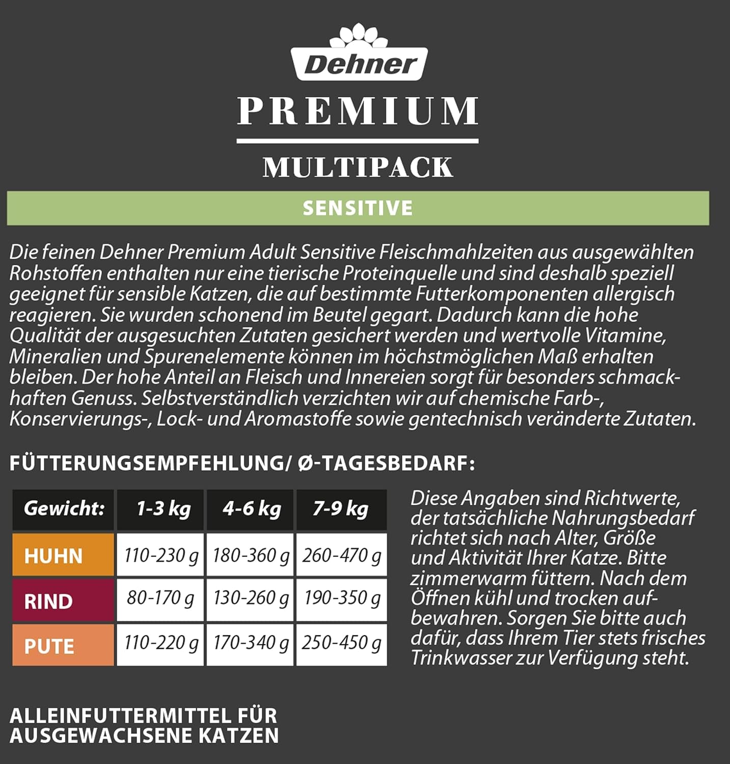 Dehner Premium Katzenfutter Sensitive Multipack, Nassfutter, für ernährungsensible Katzen, je 4 x Huhn / Rind / Pute, 12 x 100 g Torba (1,2 kg)