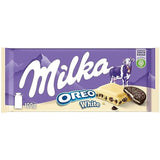 Milka Oreo Sandwich – Alpejska czekolada mleczna wypełniona chrupiącymi kawałkami ciasteczek Oreo i gładkim kremem waniliowym – 92g