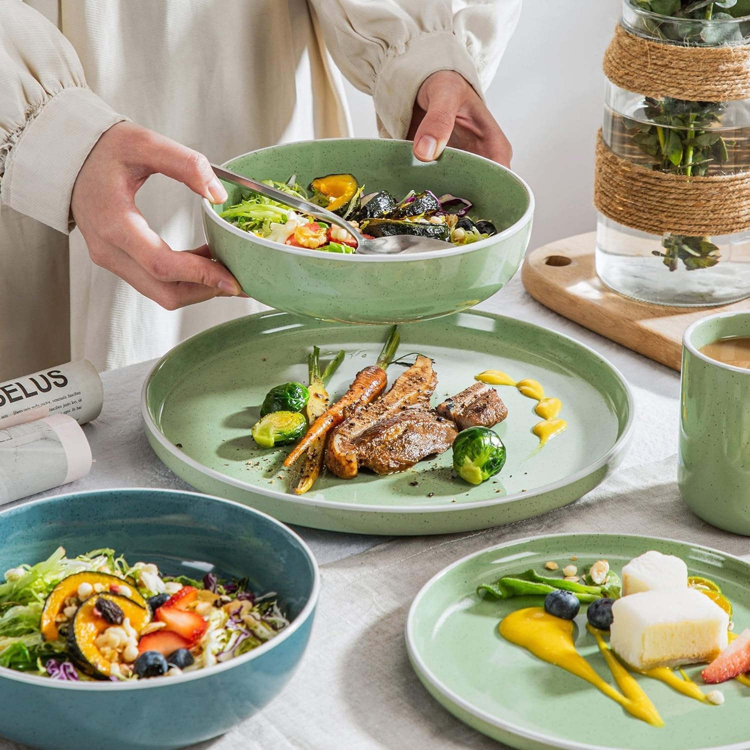 vancasso SESAM Serie Steingut Geschirrset für 12 Personen, 48 teiliges Kombiservice – Tafelservice mit Speisetellern, Desserttellern, Müslischalen und Kaffeetassen, skandynawski design