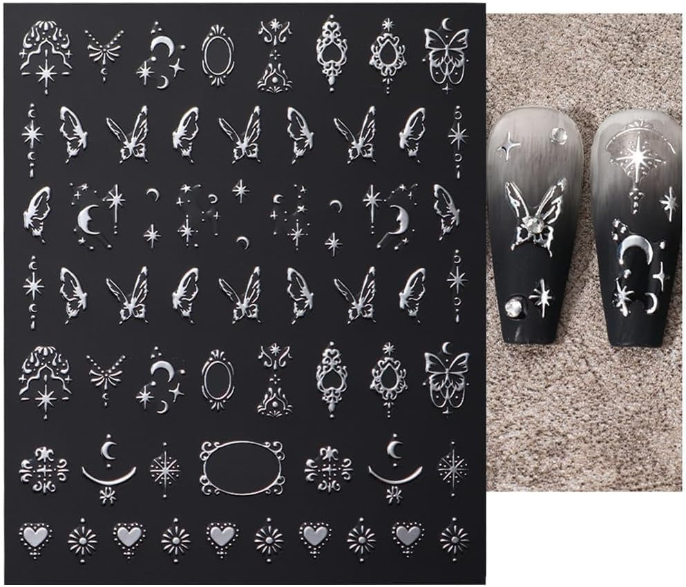 3D srebrne metaliczne naklejki na paznokcie, naklejki na paznokcie dla kobiet, gwiazda, księżyc, słońce, folia na paznokcie, naklejki samoprzylepne, naklejki na paznokcie motyle, naklejki na paznokcie, akcesoria do projektowania paznokci, 8 szt