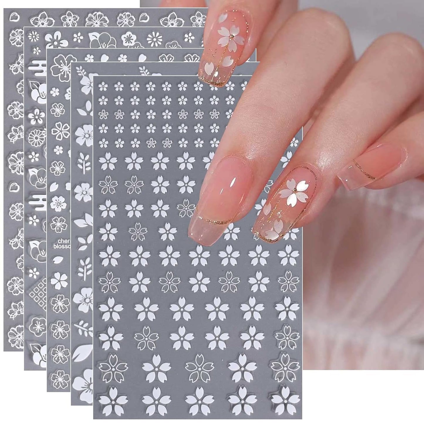 JMEOWIO Nagelsticker Frühling Weiße Blume 9 Blatt Nail Art Naklejka Selbstklebend Nagelaufkleber Sommer Blumen Dekoration Nageldesign Zubehör