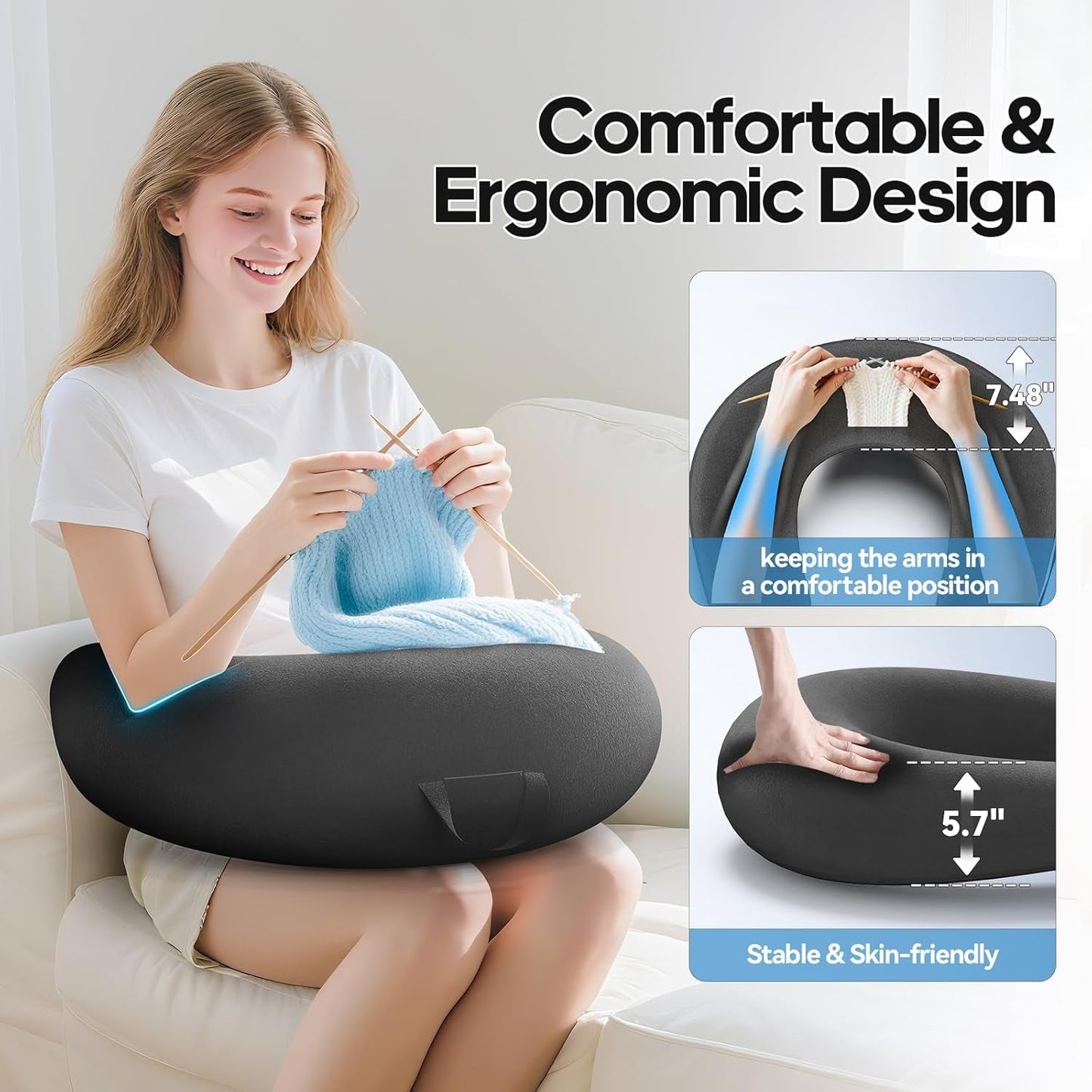 Poduszka do gier i czytania, poduszka do czytania na łóżko/kanapę/podłogę, poduszka do karmienia/szydełkowania z dużą ergonomiczną poduszką do gier, poduszka dla graczy na iPada/laptopa - czarna
