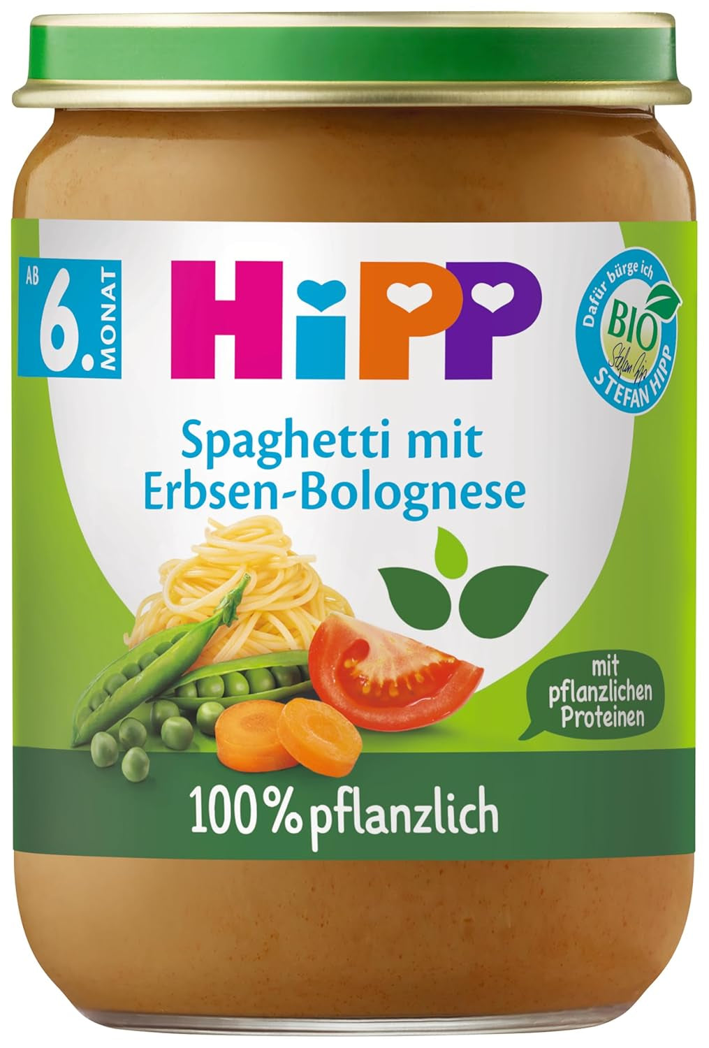 HiPP Organiczne spaghetti bolońskie z groszkiem (6 x 190 g), Posiłek dla dzieci od 5/6 miesiąca, 100% na bazie roślin, bez dodatku soli, najlepsza jakość organiczna