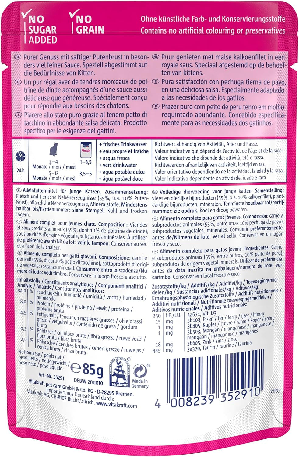 Vitakraft Poésie Délice, Junior, Mokra karma dla kotów, Mokra karma w sosie, z indykiem, Opakowanie zbiorcze, dla młodych kotów, Bez dodatku cukru i zbóż (23 x 85g)