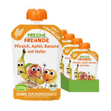 FRECHE FREUNDE Brzoskwinia Jabłko Banan Owies Organiczne puree owocowe ze zbożami w wyciskanej torebce dla niemowląt 6 miesięcy + Wegańskie 6 opakowań (6 x 100 g)