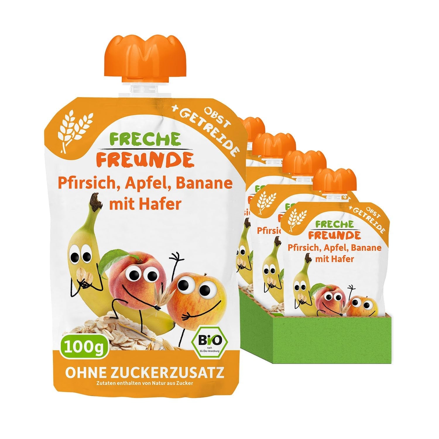 FRECHE FREUNDE Brzoskwinia Jabłko Banan Owies Organiczne puree owocowe ze zbożami w wyciskanej torebce dla niemowląt 6 miesięcy + Wegańskie 6 opakowań (6 x 100 g)