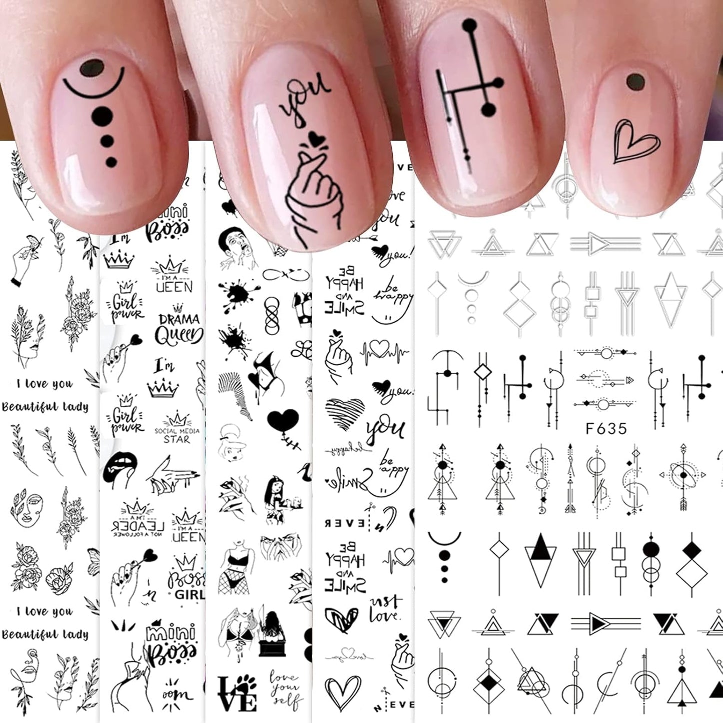 JMEOWIO Nagelsticker Geometria 10 Blatt Nagelaufkleber Selbstklebend Schwarzes Herz Unregelmäßig Geformt Nail Art Naklejka Dekoracja Nageldesign Zubehör