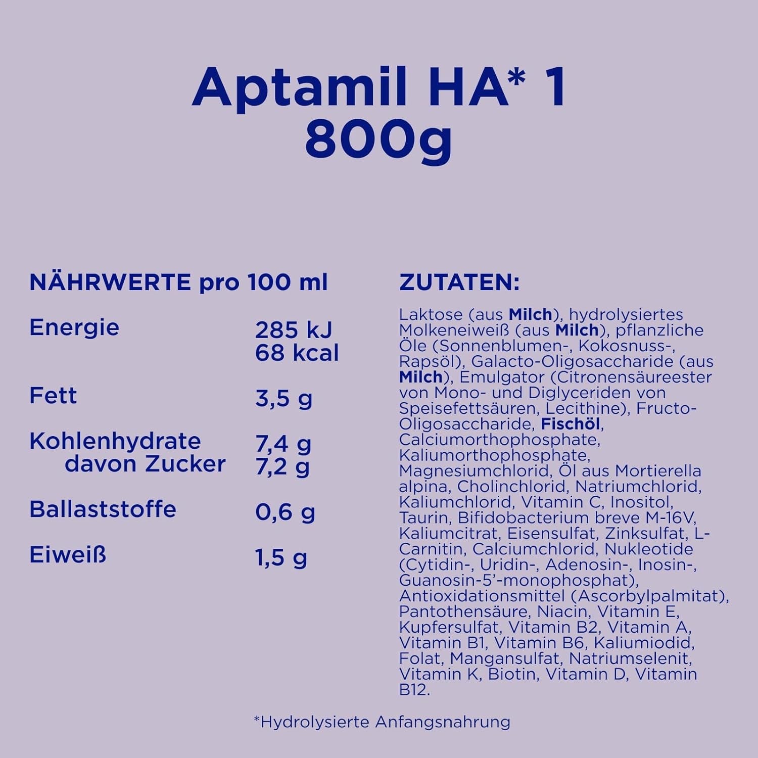 Aptamil HA 1 - Mieszanka dla niemowląt od urodzenia, z DHA, bez laktozy, bez oleju palmowego, żywność dla niemowląt, mleko w proszku, 1 x 800 g